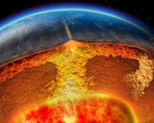 Computer-generated imagery depicting the perpetual convection of hot plumes of rock from the earth's core to its crust.
